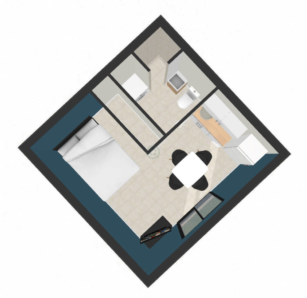 Modèle cube de 20 m² composé d'une chambre avec salle de bain et d'un espace cuisine